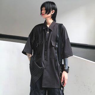Striped Elbow-sleeve Shirt Black - One Size