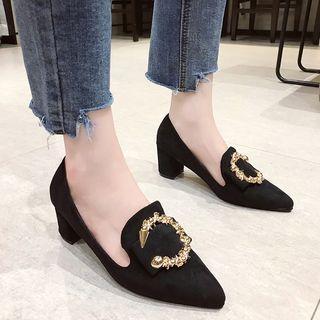 Pointy Round Buckled Chunky Heel Pumps