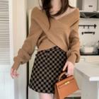 Cross Knit Sweater / Argyle Color Block A-line Semi Skirt