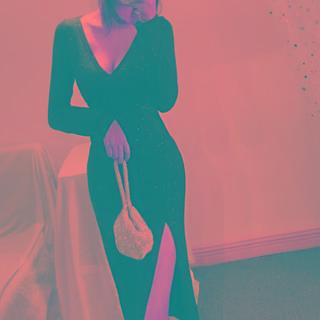 Long-sleeve Glitter Slit Midi Sheath Dress