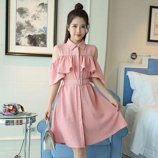 Cold Shoulder Frilled A-line Shirt Dress