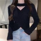 Long-sleeve Cross Strap Ribbed Knit Sweater