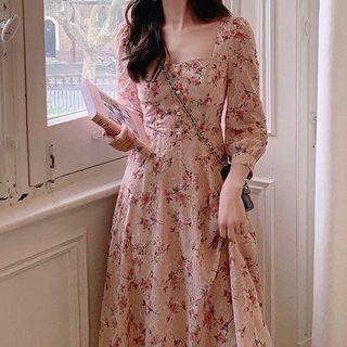 3/4-sleeve Flower Print Midi A-line Dress / Mini A-line Dress