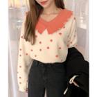 Contrast-collar Polka-dot Knit Top Beige - One Size