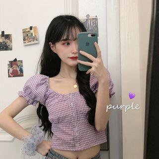 Square Collar Gingham Buttoned Cropped Top