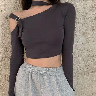 Long-sleeve Cutout T-shirt Gray - One Size
