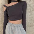 Long-sleeve Cutout T-shirt Gray - One Size