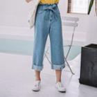 Planet Embroidered Tie-waist Jeans
