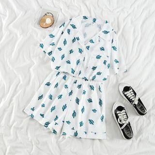 Short-sleeve Cactus Print Shirt / Printed Wide Leg Shorts