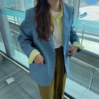 Plaid Single-breasted Blazer Plaid - Blue - One Size