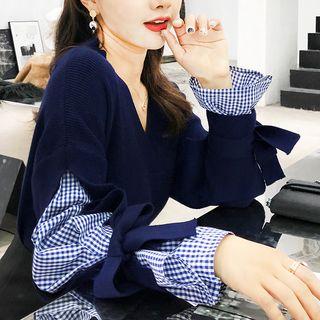 Mock Two-piece Plaid Panel Sweater Navy Blue - One Size