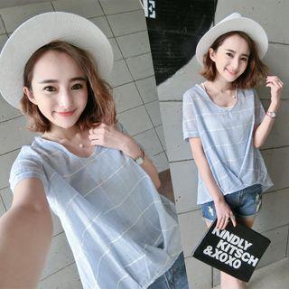 Check V-neck Short-sleeve T-shirt