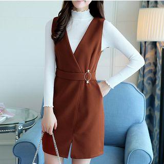 Set: Mock Neck Knit Top + Sleeveless A-line Dress