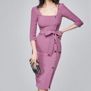 Elbow-sleeve Bow Accent Sheath Dress