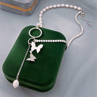 Butterfly Freshwater Pearl Pendant Alloy Choker Silver - One Size