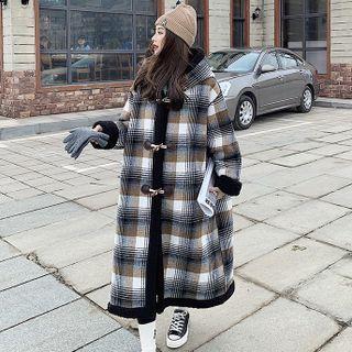 Fleece Trim Plaid Hooded Toggle Coat
