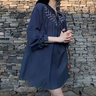 Long-sleeve Floral Embroidered Denim Tunic