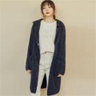 Collared Furry Knit Coat Navy Blue - One Size