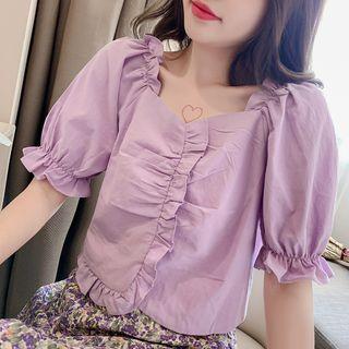 Ruffled Short-sleeve Cropped Blouse Light Purple - One Size