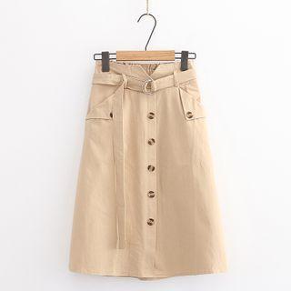 Plain Button Midi A-line Skirt With Belt