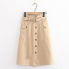 Plain Button Midi A-line Skirt With Belt