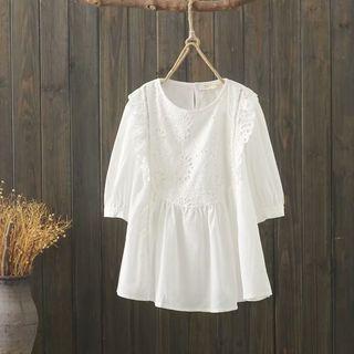 Eyelet Lace Elbow-sleeve Blouse White - One Size