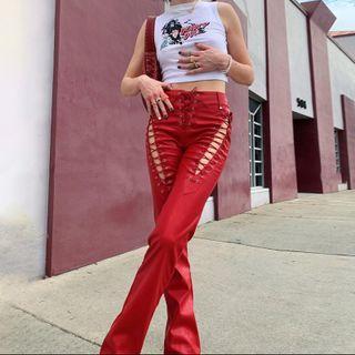 Lace-up High-waist Faux Leather Straight-leg Pants