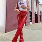 Lace-up High-waist Faux Leather Straight-leg Pants