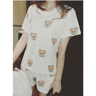 Set: Bear Print Crewneck T-shirt + Shorts