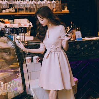 Split Neck Bow Accent Elbow Sleeve A-line Dress