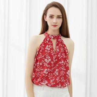 Halter-neck Cut-out Floral Print Sleeveless Top