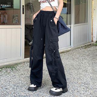 Low-rise Plain Drawstring Straight Leg Cargo Pants