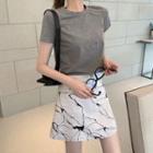 Set: Plain Short-sleeve Cropped T-shirt + Printed Mini A-line Skirt