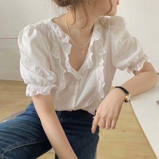 Short-sleeve Lace Trim Ruffled Blouse