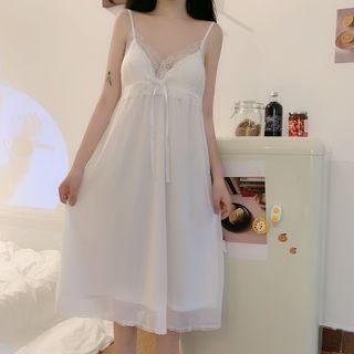 Spaghetti Strap Lace Trim Sleep Dress Milky White - One Size