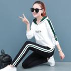 Set: Striped Letter Embroidered Hoodie + Straight-fit Pants