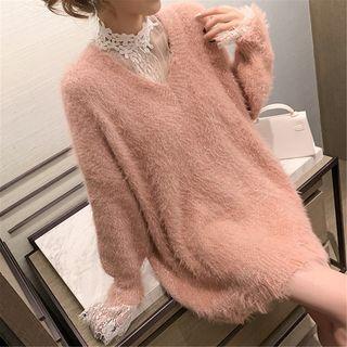 Long-sleeve Lace Top / V-neck Sweater / Set