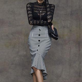 Set: Long-sleeve Lace Top + Houndstooth Mermaid Skirt