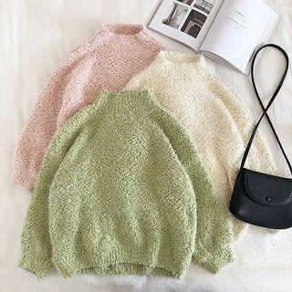 Plain Mock-neck Long-sleeve Glitter Sweater