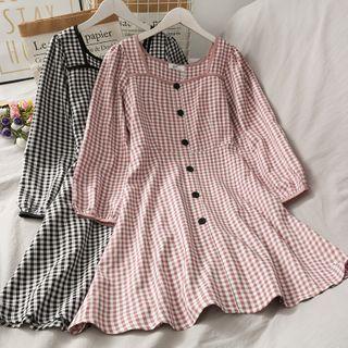 Square-neck Checker Midi Shirtdress