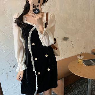 Bell-sleeve Double Breasted Frill Trim Dress Black - One Size