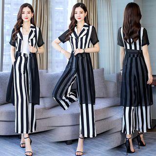 Set: Short-sleeve Chiffon Paneled Light Jacket + Wide-leg Pants