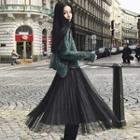 Irregular Hem Sweater / Mesh Midi A-line Skirt / Set