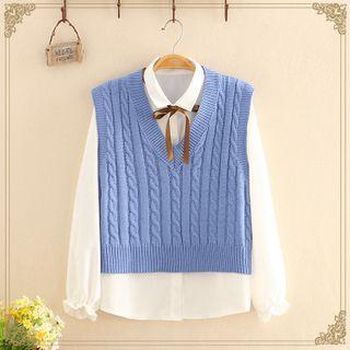Set: Plain Knitted Vest+plain Long-sleeve Shirt