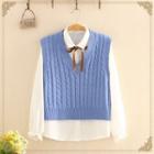 Set: Plain Knitted Vest+plain Long-sleeve Shirt