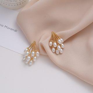 Faux Pearl Fringed Earring 1 Pair - 925 Silver Needle Earring - White Faux Pearl - Gold - One Size
