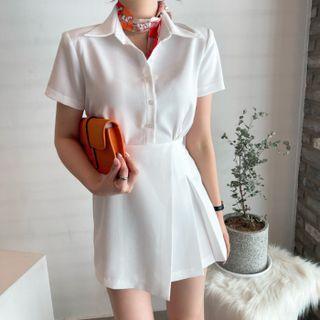 Short-sleeve Polo-collar Pleated Dress