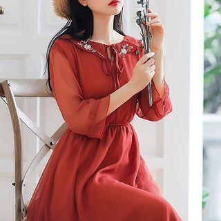 3/4-sleeve Embroidered Floral A-line Midi Chiffon Dress