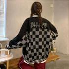 Lettering Embroidered Checkered Panel Baseball Jacket