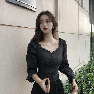 V-neck Buttoned Bell-sleeve Top